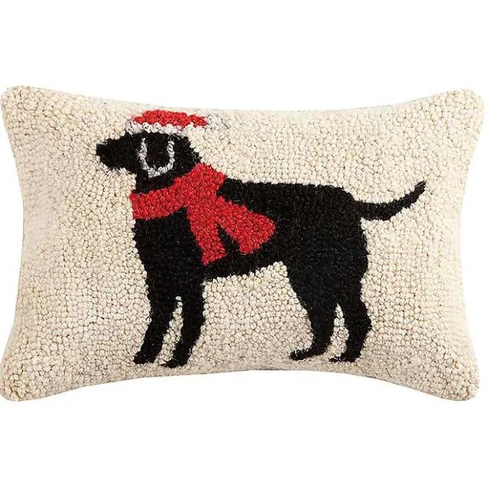 New Kirklands Home Festive Black Lab Hooked Wool Lumbar Pillow