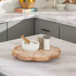 New Kirklands Home Floral Wood Lazy Susan Cake Stand Brown