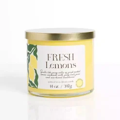 New Kirklands Home Fresh Lemons 14 oz. Gold Lid 3-Wick Jar Candle Yellow