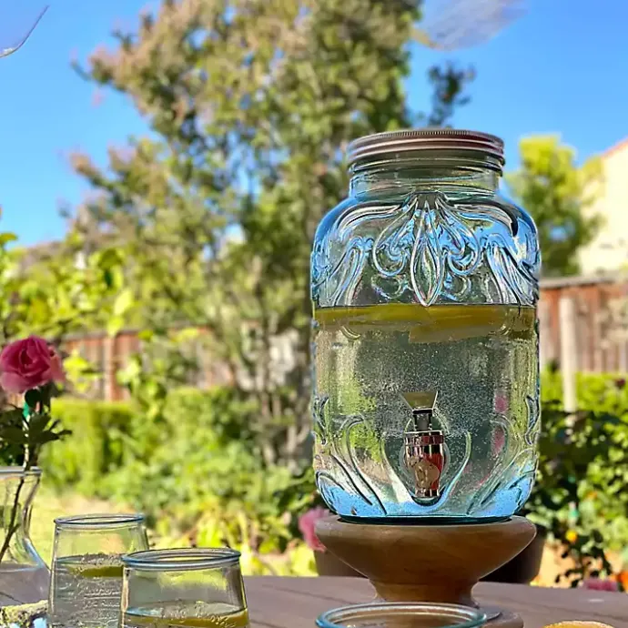 Discount Kirklands Home Glass Embossed Mason Jar Beverage Dispenser Blue