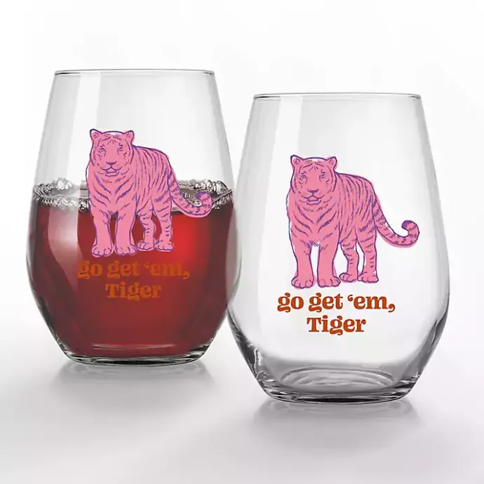 New Kirklands Home Go Get 'Em, Tiger Stemless Wine Glasses, Set of 2 Pink