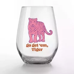 New Kirklands Home Go Get 'Em, Tiger Stemless Wine Glasses, Set of 2 Pink