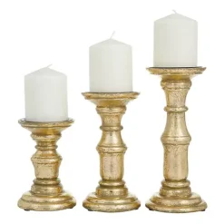 Online Kirklands Home Carved Mango Wood Candle Holders, Set of 3 Gold