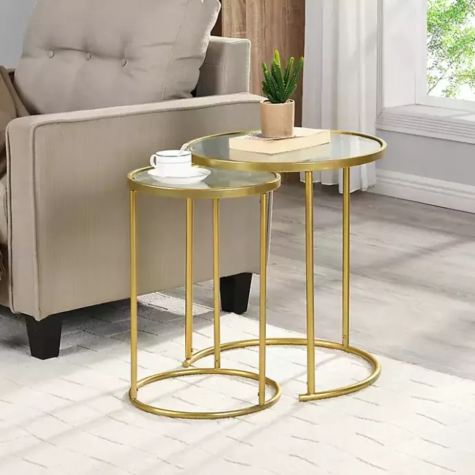 Sale Kirklands Home Gold Metal and Glass Nesting 2-pc Accent Table Set
