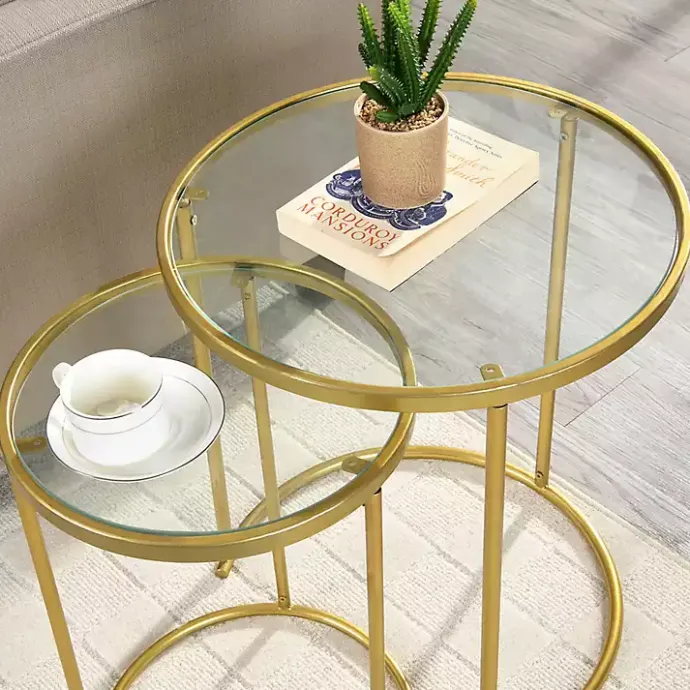 Sale Kirklands Home Gold Metal and Glass Nesting 2-pc Accent Table Set