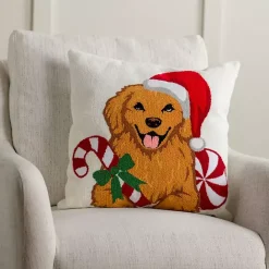 Discount Kirklands Home Golden Retriever with Santa Hat Christmas Pillow