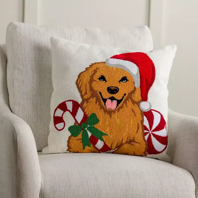 Discount Kirklands Home Golden Retriever with Santa Hat Christmas Pillow