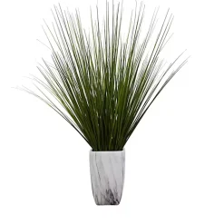 Clearance Kirklands Home Grass Arrangement in White Marble Pot Green
