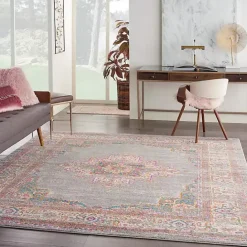 Kirklands Home Gray & Pink Central Motif Botanical Area Rug, 8x10