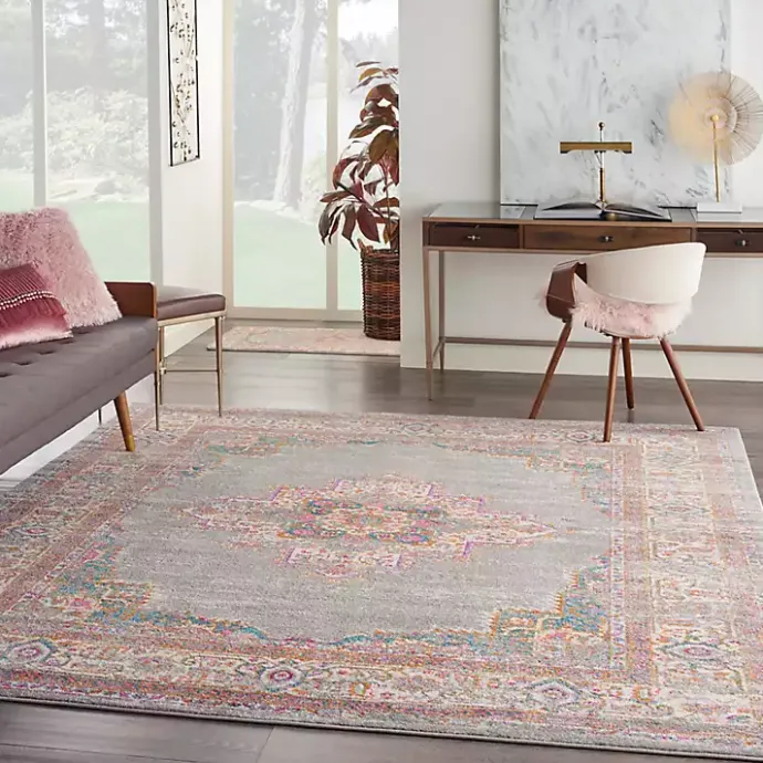 Kirklands Home Gray & Pink Central Motif Botanical Area Rug, 8x10