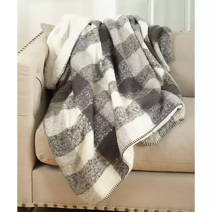 Best Kirklands Home Gray and White Plaid Faux Mohair Sherpa Throw