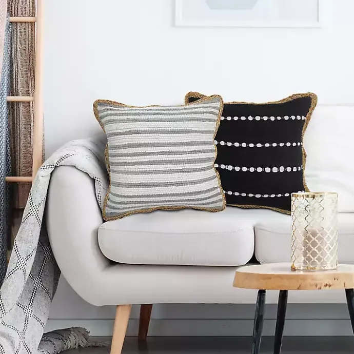 Hot Kirklands Home Gray and White Stripped Jute Border Accent Pillow