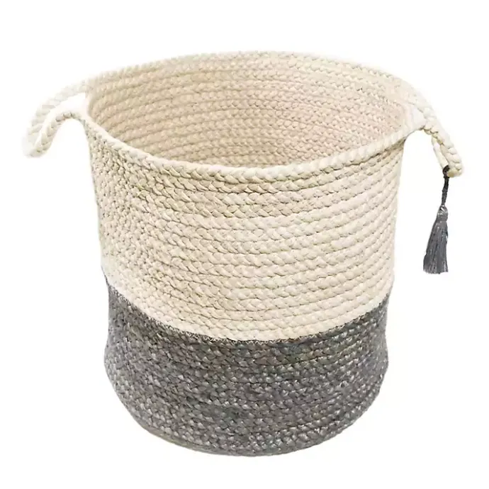 Outlet Kirklands Home Gray and White Woven Basket with Tassel, 17 in.