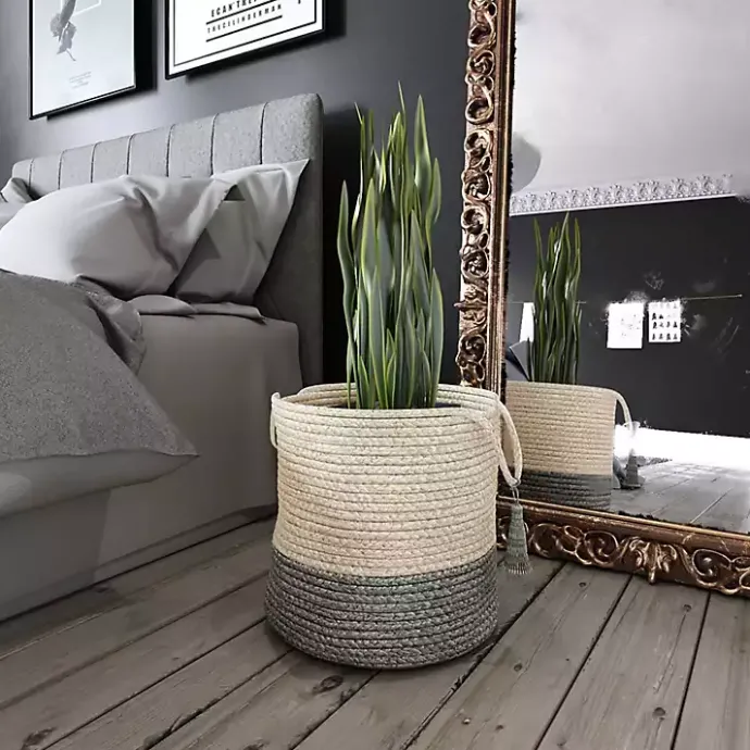 Outlet Kirklands Home Gray and White Woven Basket with Tassel, 17 in.