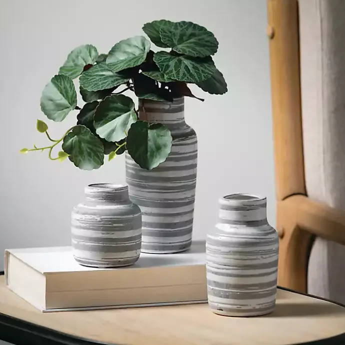 Discount Kirklands Home Gray Ceramic Striped Bottle Shaped Vases, Set of 3