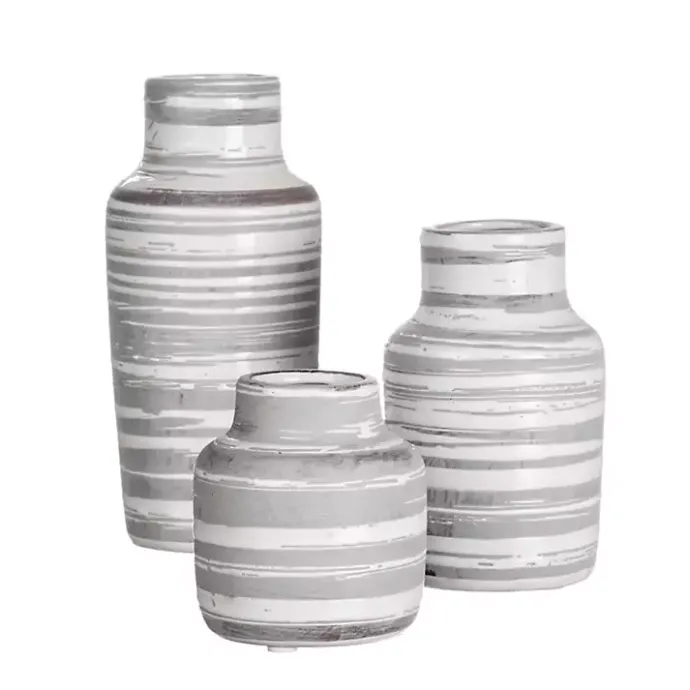 Discount Kirklands Home Gray Ceramic Striped Bottle Shaped Vases, Set of 3