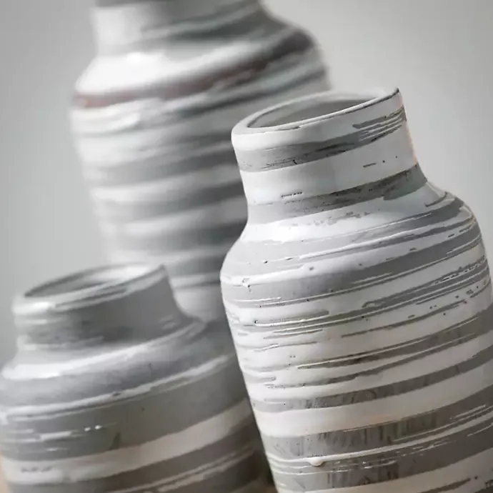 Discount Kirklands Home Gray Ceramic Striped Bottle Shaped Vases, Set of 3