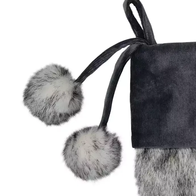 Online Kirklands Home Fur and Corduroy Pom Stocking Gray