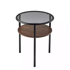 Online Kirklands Home Glass Top Accent Table with Wood Shelf Gray