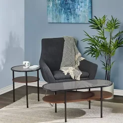 Online Kirklands Home Glass Top Accent Table with Wood Shelf Gray