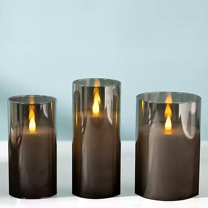 New Kirklands Home LED Soft Flame Glass Pillar Candle, 3x7 in. Gray
