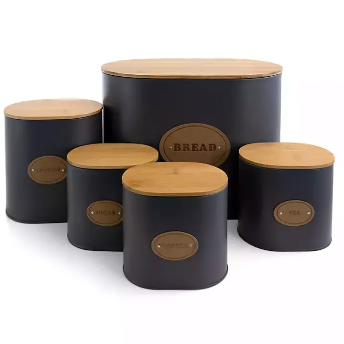 Sale Kirklands Home Metal and Bamboo Label Canisters, Set of 5 Gray