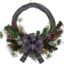 Sale Kirklands Home Gray Plaid Pine and Berries Wreath