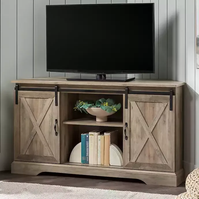 Outlet Kirklands Home Sliding Barn Doors Corner TV Stand Gray