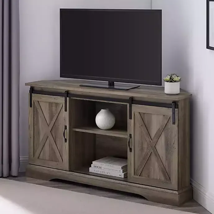 Outlet Kirklands Home Sliding Barn Doors Corner TV Stand Gray