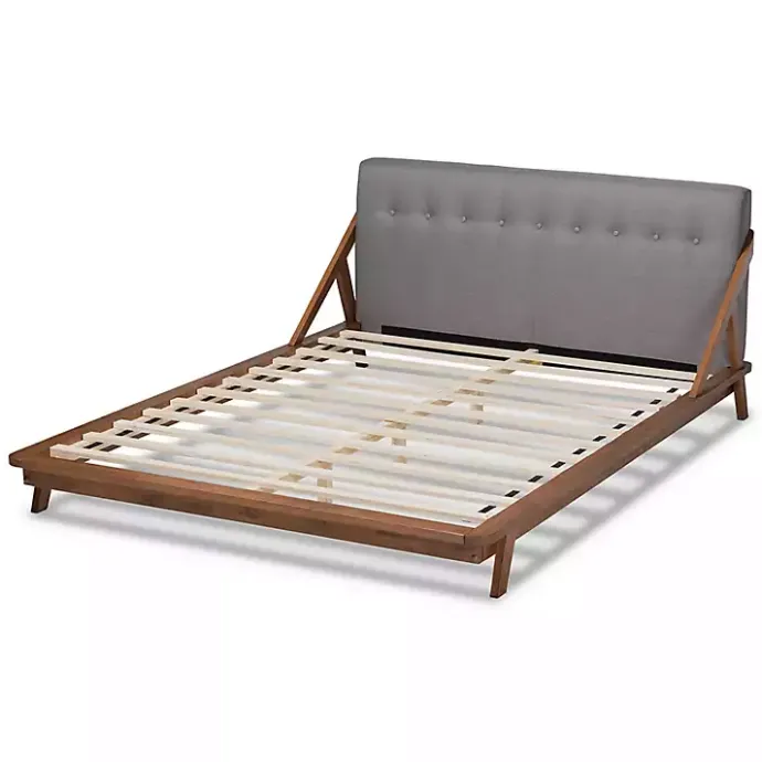 New Kirklands Home Tufted and Natural Walnut King Platform Bed Gray