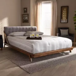 New Kirklands Home Tufted and Natural Walnut King Platform Bed Gray