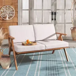 Kirklands Home Upholstered Acacia Wood Outdoor Loveseat Gray