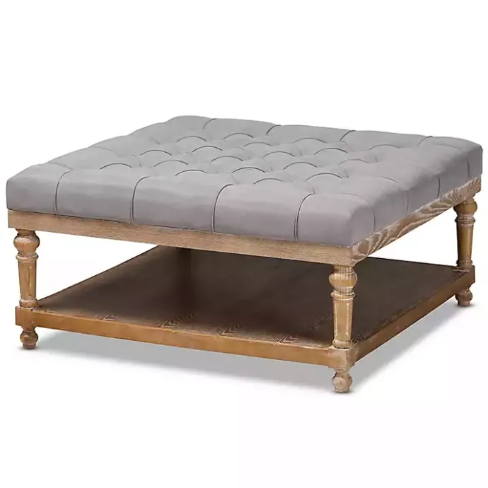 Outlet Kirklands Home Upholstered Linen Tufted Ottoman with Shelf Gray