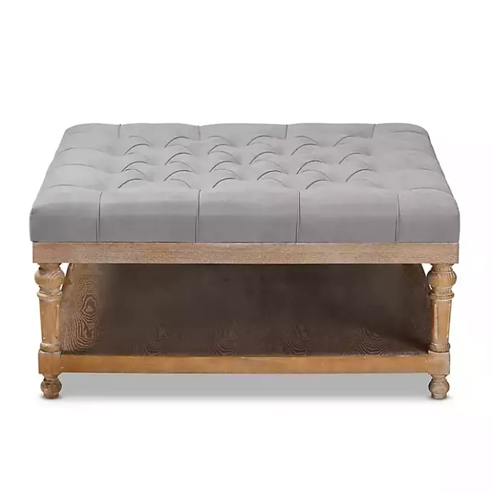 Outlet Kirklands Home Upholstered Linen Tufted Ottoman with Shelf Gray