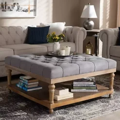 Outlet Kirklands Home Upholstered Linen Tufted Ottoman with Shelf Gray