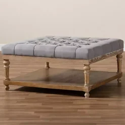 Outlet Kirklands Home Upholstered Linen Tufted Ottoman with Shelf Gray