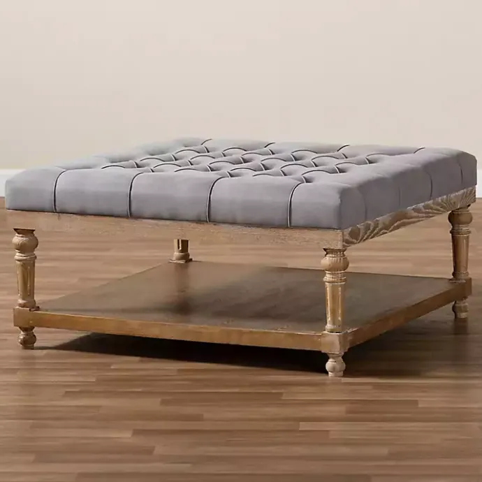 Outlet Kirklands Home Upholstered Linen Tufted Ottoman with Shelf Gray