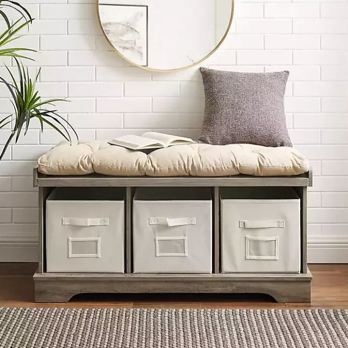 Online Kirklands Home Gray Wash Entryway Bench and Storage Bins Tan