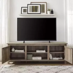 Online Kirklands Home Gray Wash Wood Grooved Door TV Stand Brown