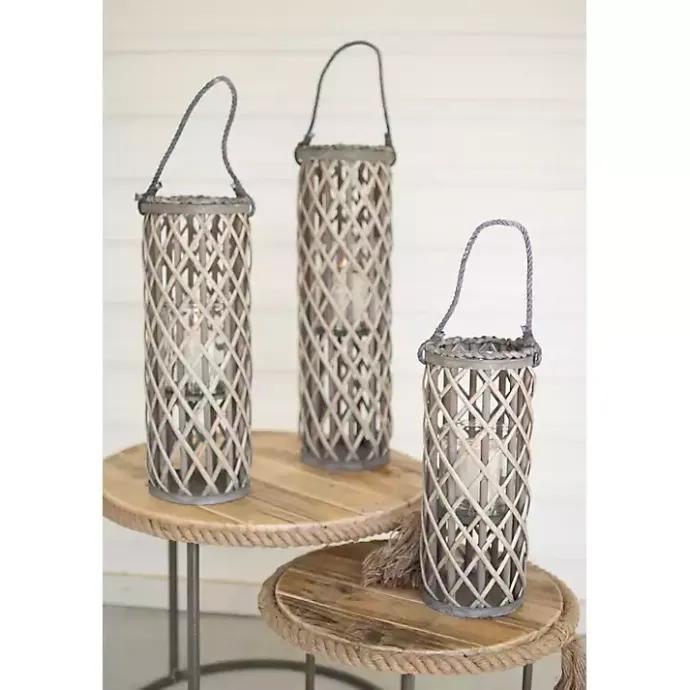 Outlet Kirklands Home Willow Lanterns with Glass Pillars, Set of 3 Gray