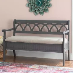 Online Kirklands Home Gray Wood Upholstered Storage Bench
