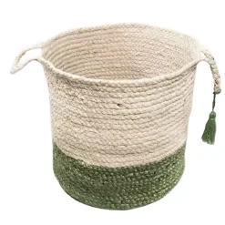 Online Kirklands Home Green and Cream Woven Basket with Tassel, 17 in.