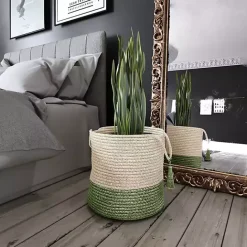 Online Kirklands Home Green and Cream Woven Basket with Tassel, 17 in.