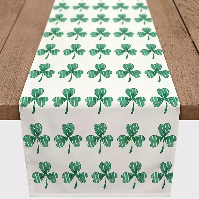 New Kirklands Home Green and White Clover Grid Table Runner, 90 in.