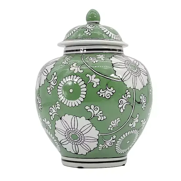 New Kirklands Home Green Floral Chinoiserie Jar