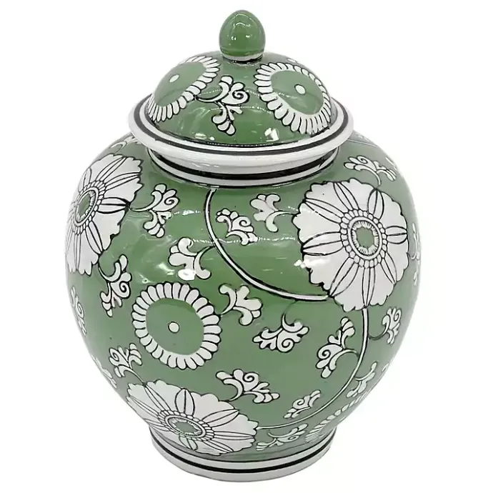 New Kirklands Home Green Floral Chinoiserie Jar