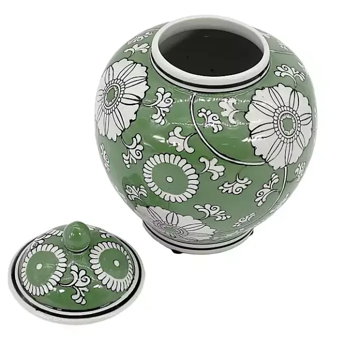 New Kirklands Home Green Floral Chinoiserie Jar