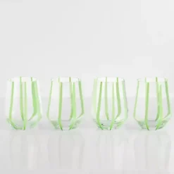 Best Kirklands Home Green Striped Stemless Wine Glasses, Set of 4