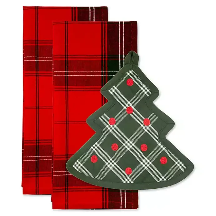 Sale Kirklands Home Green Tree Plaid 3-pc. Dishtowel & Potholder Set