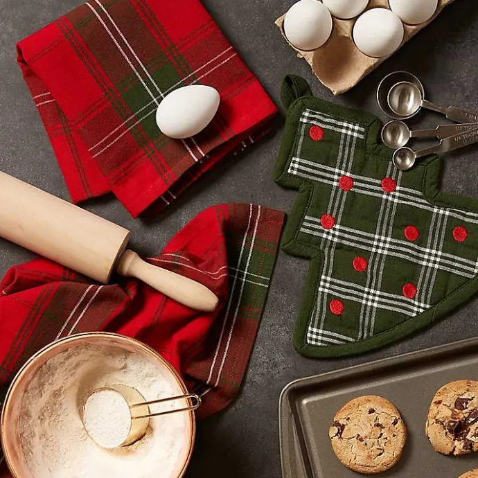 Sale Kirklands Home Green Tree Plaid 3-pc. Dishtowel & Potholder Set